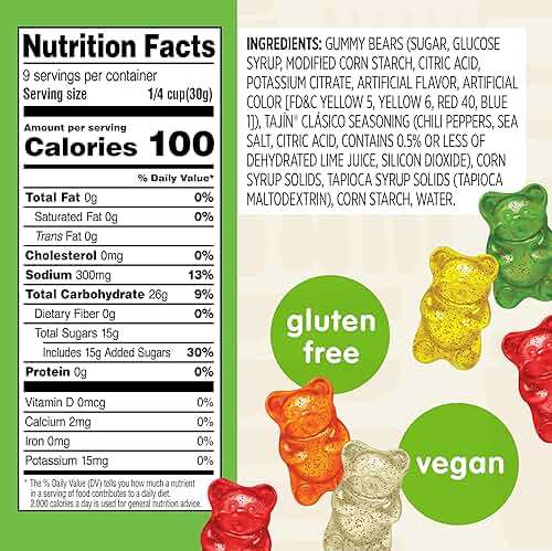 Snak Club Tajin Gummy Bears, Assorted Fruit Candy Gummies with Chili and Lime Seasoning, Mild, Gluten-Free and Vegan Snacks, 9 oz Resealable Bag - Image 2