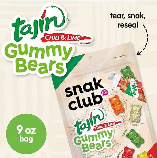 Snak Club Tajin Gummy Bears, Assorted Fruit Candy Gummies with Chili and Lime Seasoning, Mild, Gluten-Free and Vegan Snacks, 9 oz Resealable Bag - Image 3
