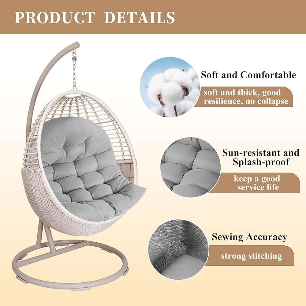 BCKNT Thicken Egg Chair Cushion Replacement, Outdoor Hammock Swing Cushions with Ties, Hanging Wicker Basket Seat Pad with High Elasticity PP Cotton, for Garden Patio Porch Furniture (Only Cushion) - Image 5