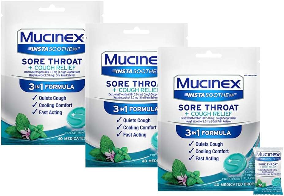 Mucinex InstaSoothe Sore Throat + Cough Relief Alpine Herbs & Mint Flavor, Fast Acting, Cooling Comfort, Powerful Sore Throat Oral Pain Reliever, 40 Medicated Drops (40 Count (Pack of 3)) - Image 1