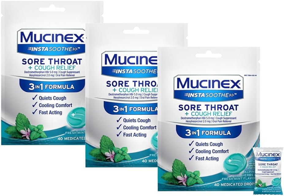 Mucinex InstaSoothe Sore Throat + Cough Relief Alpine Herbs & Mint Flavor, Fast Acting, Cooling Comfort, Powerful Sore Throat Oral Pain Reliever, 40 Medicated Drops (40 Count (Pack of 3)) - Product Image