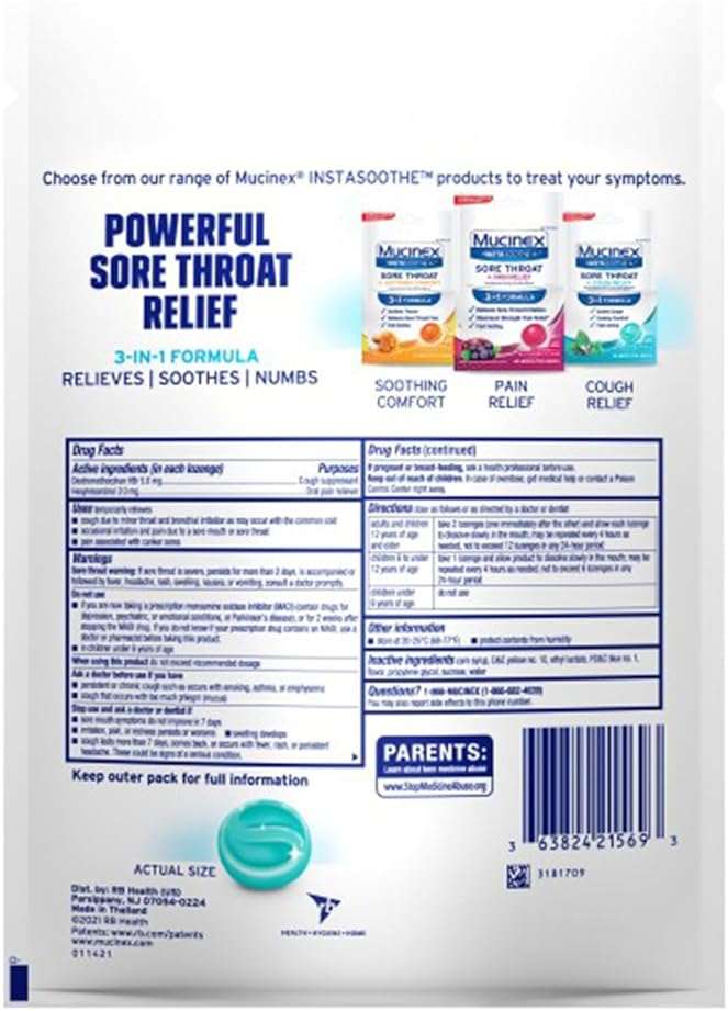 Mucinex InstaSoothe Sore Throat + Cough Relief Alpine Herbs & Mint Flavor, Fast Acting, Cooling Comfort, Powerful Sore Throat Oral Pain Reliever, 40 Medicated Drops (40 Count (Pack of 3)) - Image 3