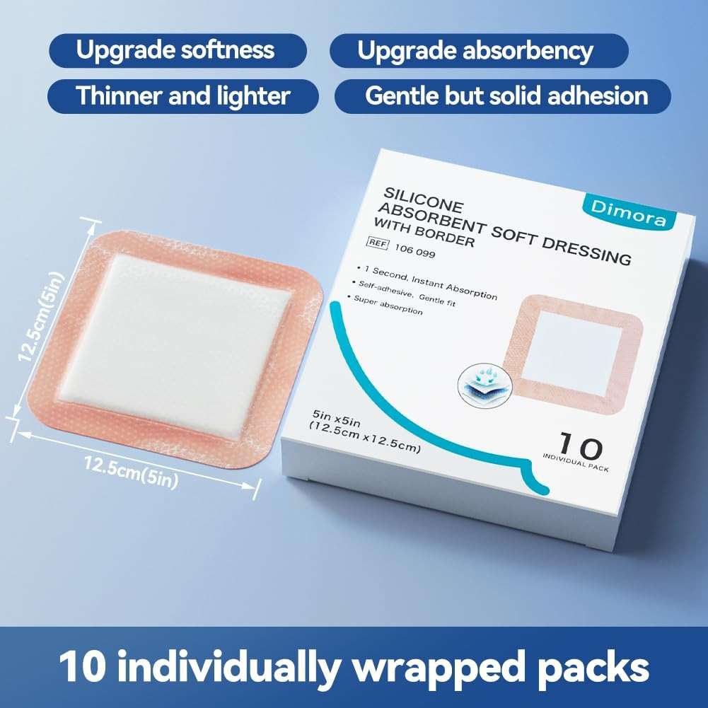 Dimora Silicone Super Absorbent Wound Dressings - Gentle Adhesive Bandages with Ultrasorb Polymer,Heavy Exudate Wound Care Pads 5"X 5" 10 Count - Image 2