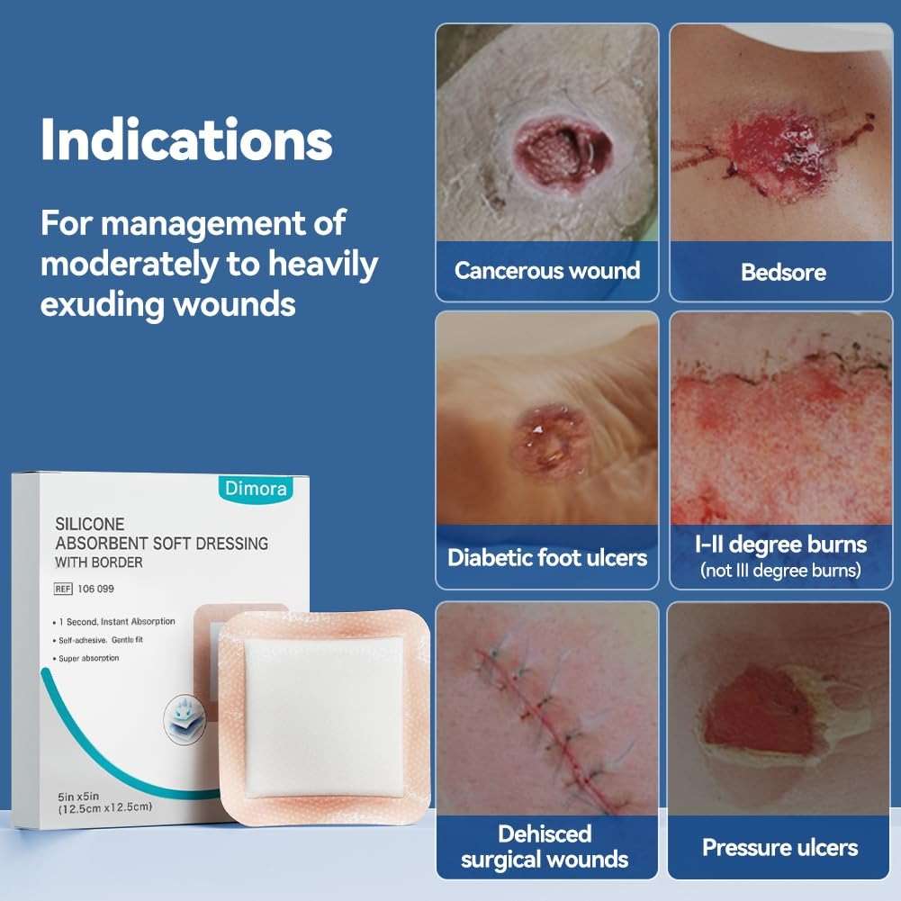 Dimora Silicone Super Absorbent Wound Dressings - Gentle Adhesive Bandages with Ultrasorb Polymer,Heavy Exudate Wound Care Pads 5"X 5" 10 Count - Image 7