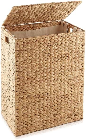 Casafield Large Laundry Hamper with Lid and Removable Liner Bag - Natural, Woven Water Hyacinth Rectangular Laundry Basket Sorter for Clothes and Towels - Product Image