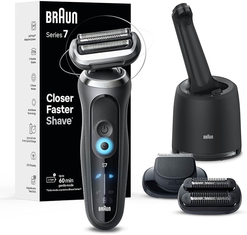 Braun Series 7 Electric Shaver for Men, Wet & Dry Foil Razor, 4-in-1 SmartCare Clean & Charge Center, Beard Trimmer Attachment, Stubble Attachment, Travel Case, Grey 7185cc - Product Image