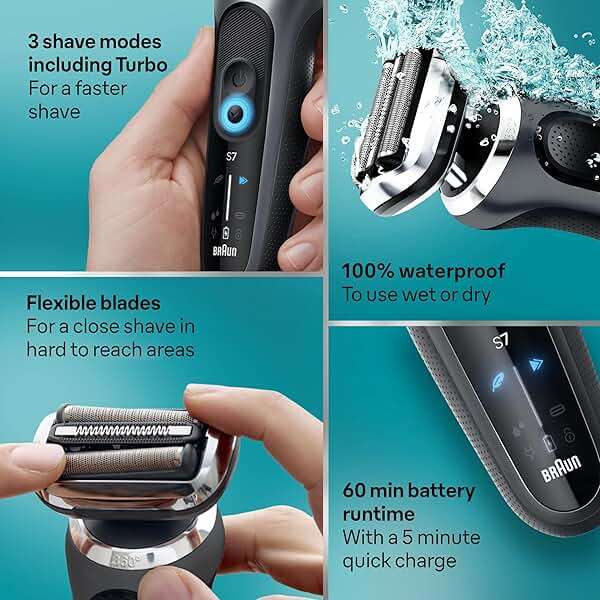 Braun Series 7 Electric Shaver for Men, Wet & Dry Foil Razor, 4-in-1 SmartCare Clean & Charge Center, Beard Trimmer Attachment, Stubble Attachment, Travel Case, Grey 7185cc - Image 3