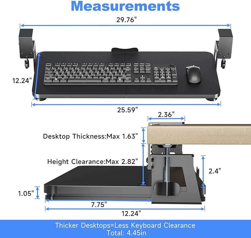 XINLEI Keyboard Tray Under Desk Large C-Clamp 25.6” (30” Including Clamps) x 11.8” Slide-Out Platform Computer Drawer Pull Out Keyboard & Mouse Tray Black DSF4 - Image 2
