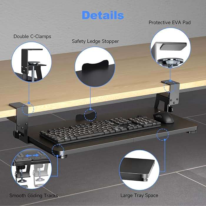 XINLEI Keyboard Tray Under Desk Large C-Clamp 25.6” (30” Including Clamps) x 11.8” Slide-Out Platform Computer Drawer Pull Out Keyboard & Mouse Tray Black DSF4 - Image 5