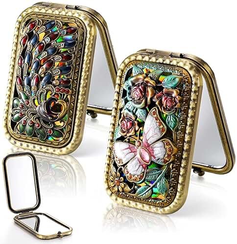 Eorbow 2 Pcs Vintage Foldable Makeup Mirror, Portable Cosmetic Pocket Mirror, Double Sided Butterfly Peacock Vanity Mirror, Metal Compact Small Folding Travel Mirror for Woman Girls - Product Image