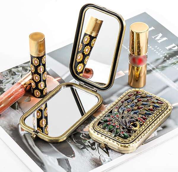 Eorbow 2 Pcs Vintage Foldable Makeup Mirror, Portable Cosmetic Pocket Mirror, Double Sided Butterfly Peacock Vanity Mirror, Metal Compact Small Folding Travel Mirror for Woman Girls - Image 2