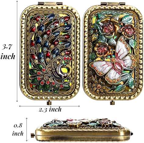 Eorbow 2 Pcs Vintage Foldable Makeup Mirror, Portable Cosmetic Pocket Mirror, Double Sided Butterfly Peacock Vanity Mirror, Metal Compact Small Folding Travel Mirror for Woman Girls - Image 3