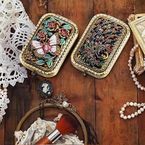 Eorbow 2 Pcs Vintage Foldable Makeup Mirror, Portable Cosmetic Pocket Mirror, Double Sided Butterfly Peacock Vanity Mirror, Metal Compact Small Folding Travel Mirror for Woman Girls - Image 6