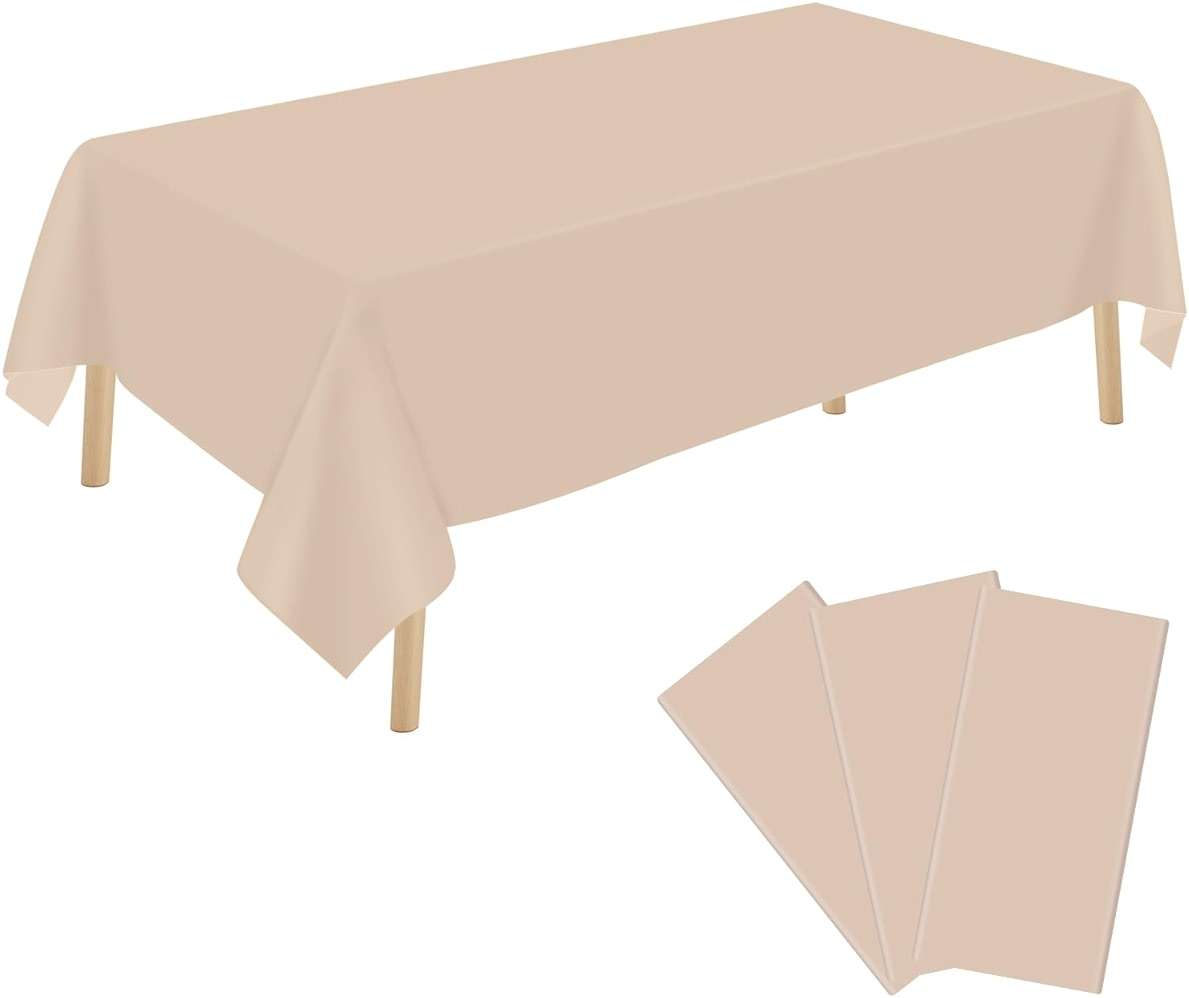 YSYJ 3 Pack Beige Plastic Tablecloth Disposable Rectangular Table Cloth 54 x 108 Inch Table Cover for Parties - Image 1