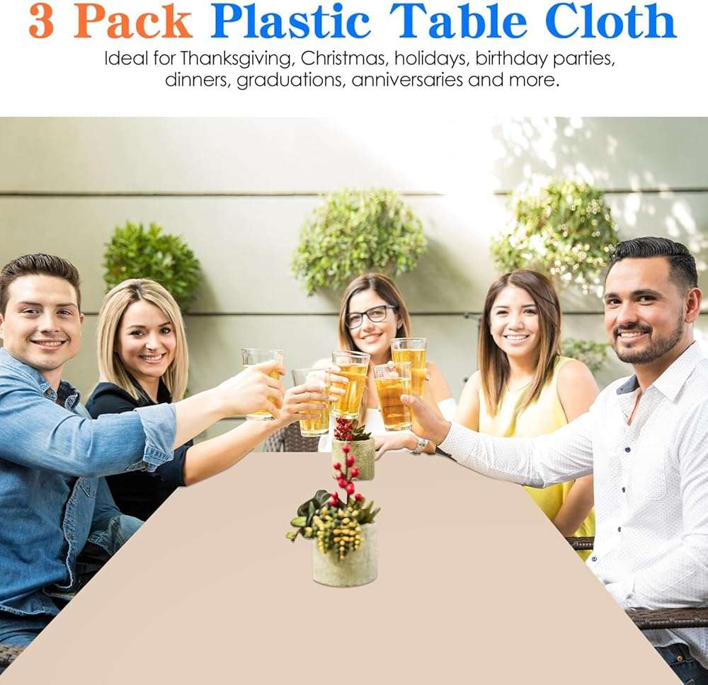 YSYJ 3 Pack Beige Plastic Tablecloth Disposable Rectangular Table Cloth 54 x 108 Inch Table Cover for Parties - Image 5
