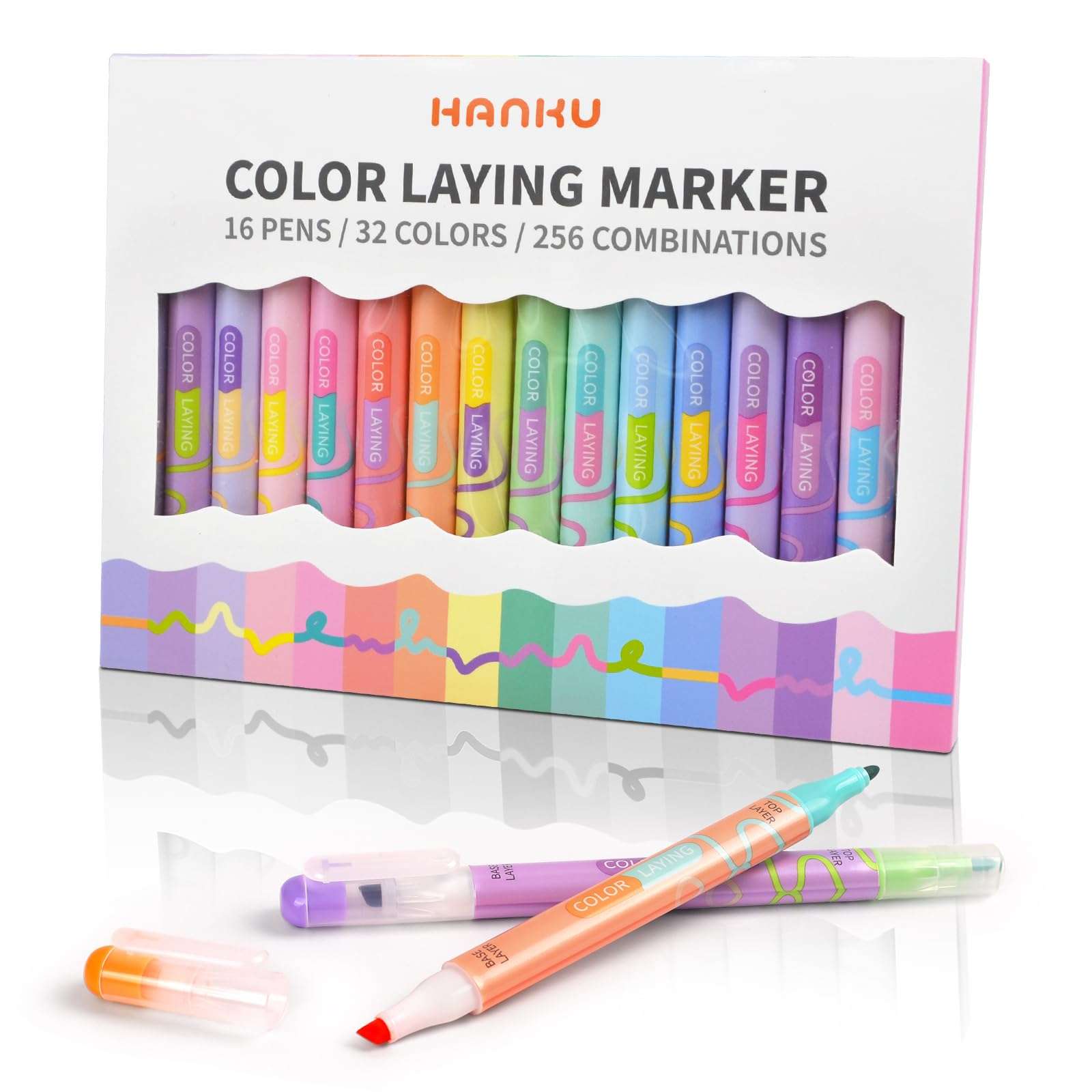 HANKU Color Layering Double Sided Markers, 16pcs 32 Colors Dual Tip Magic Markers, Broad and Fine Tips, Color Changing Washable Markers, Dry-Quickly Non-Toxic Pens for Bullet Journal, Coloring Books - Image 1