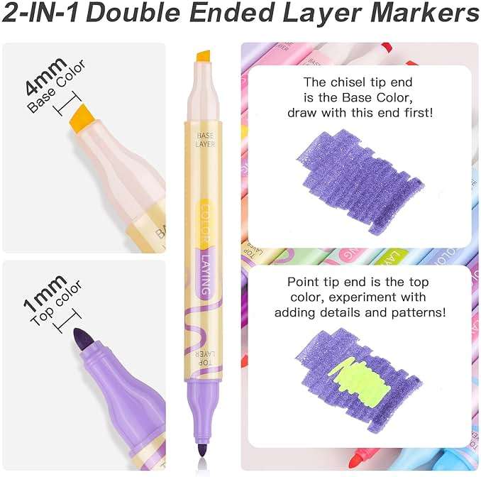 HANKU Color Layering Double Sided Markers, 16pcs 32 Colors Dual Tip Magic Markers, Broad and Fine Tips, Color Changing Washable Markers, Dry-Quickly Non-Toxic Pens for Bullet Journal, Coloring Books - Image 3