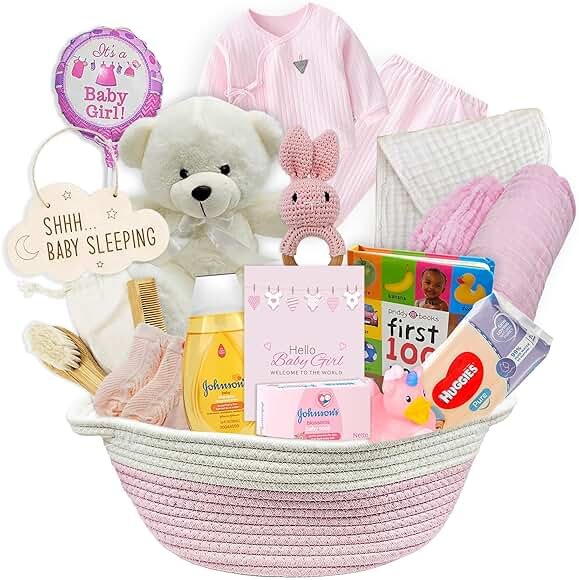 New Baby Girl Gift Basket | Unique Gift Set for a new mom Pink Baby Gift Set. Welcome Baby Care Package All w/Newborn Essentials Bundle for Expecting Moms Baby Shower, After Labor Gift - Product Image