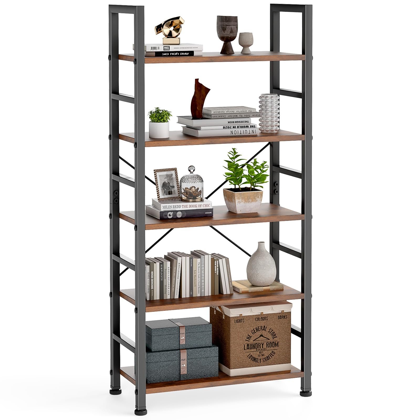 DUMOS 5 Tiers Bookshelf, Classical Modern Book Shelf, Tall Display Shelves in Living Room/Home/Office, Storage Organizer for CDs/Books/Movies, Rustic Brown - Product Image