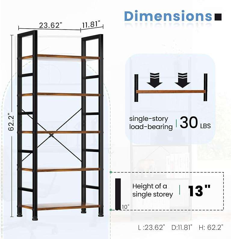 DUMOS 5 Tiers Bookshelf, Classical Modern Book Shelf, Tall Display Shelves in Living Room/Home/Office, Storage Organizer for CDs/Books/Movies, Rustic Brown - Image 2