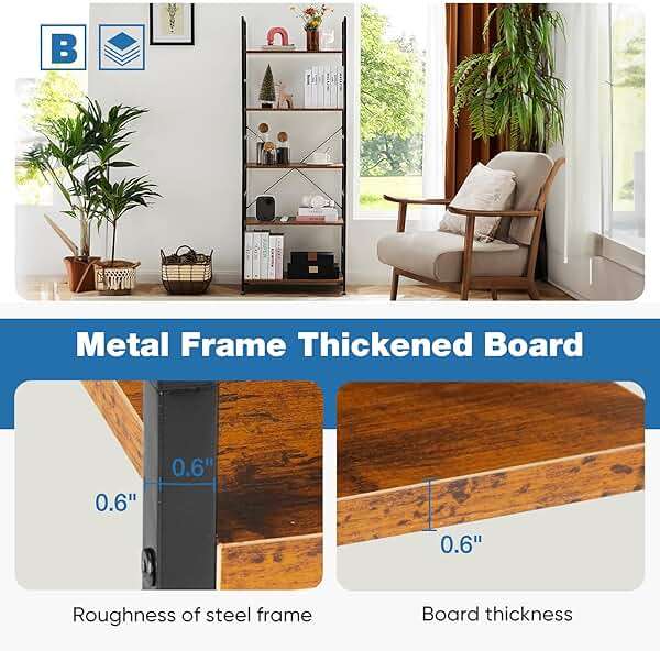 DUMOS 5 Tiers Bookshelf, Classical Modern Book Shelf, Tall Display Shelves in Living Room/Home/Office, Storage Organizer for CDs/Books/Movies, Rustic Brown - Image 4