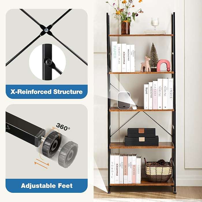 DUMOS 5 Tiers Bookshelf, Classical Modern Book Shelf, Tall Display Shelves in Living Room/Home/Office, Storage Organizer for CDs/Books/Movies, Rustic Brown - Image 5