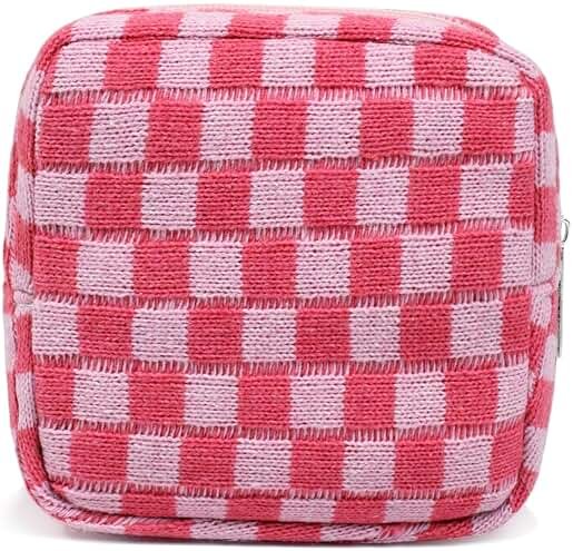 FFpaw Small Pink Makeup Bag for Purse, Mini Checkered Cosmetic Bag Zipper Cute Make Up Pouch Travel Toiletry Case Quilted Aesthetic Accessories Makeup Storage Bag Organizer for Women Girls - Product Image