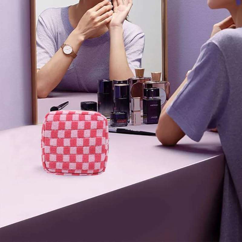 FFpaw Small Pink Makeup Bag for Purse, Mini Checkered Cosmetic Bag Zipper Cute Make Up Pouch Travel Toiletry Case Quilted Aesthetic Accessories Makeup Storage Bag Organizer for Women Girls - Image 6