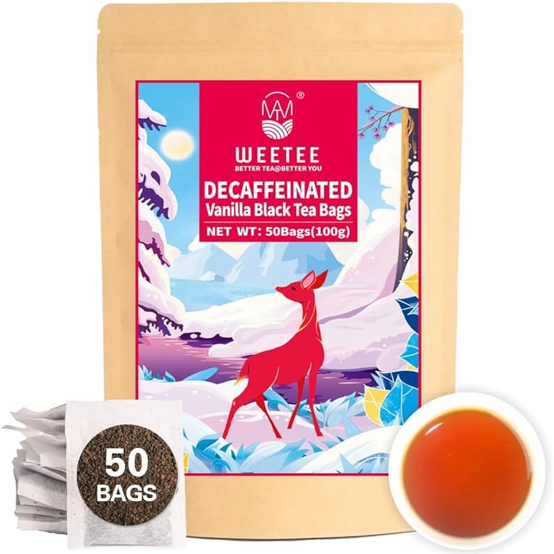 WT WEETEE Decaf Black Tea with Vanilla Flavor, 50 Count Decaffeinated Vanilla Black Teabags, CO2-Decaffeinated Black Tea | Drink All Day | Resealable Kraft Bag - Product Image