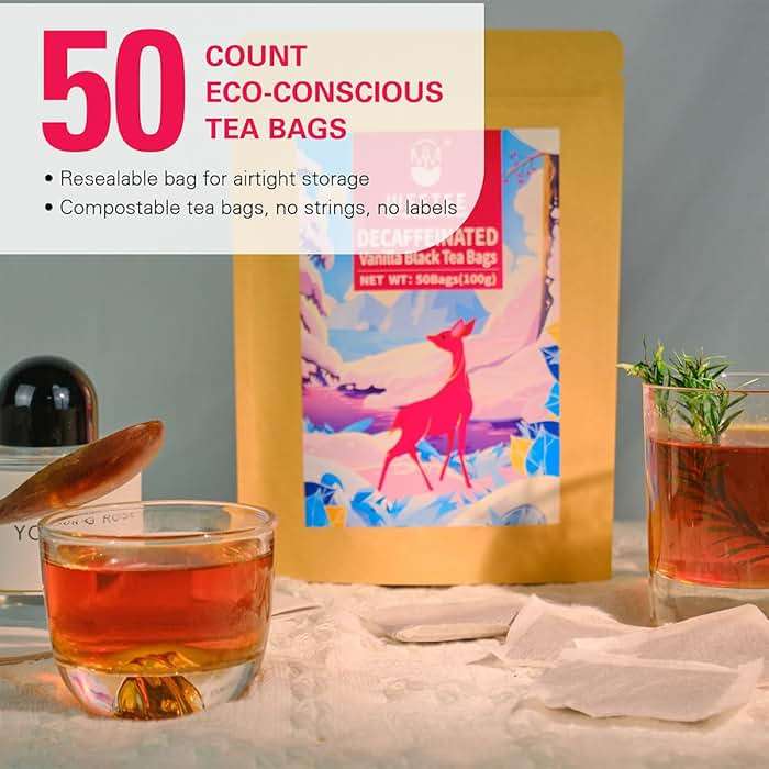 WT WEETEE Decaf Black Tea with Vanilla Flavor, 50 Count Decaffeinated Vanilla Black Teabags, CO2-Decaffeinated Black Tea | Drink All Day | Resealable Kraft Bag - Image 5