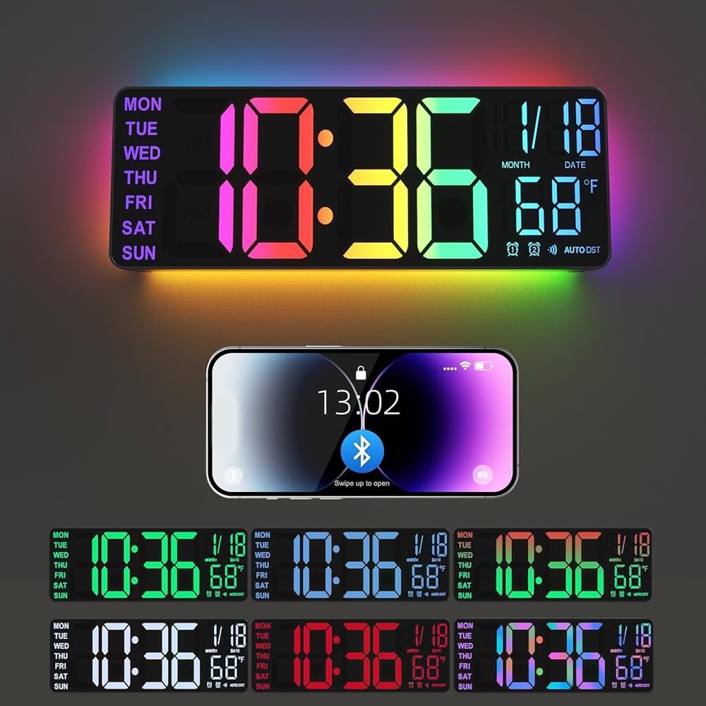 YISILE 13" Digital Wall Clock with Night Light,8 RGB Color,Dual Alarms with Large Display, Dimmer, Auto DST, Voice Control, Auto Time Sync,Remote Control for Living Room Bedroom,Gift for All Ages - Product Image