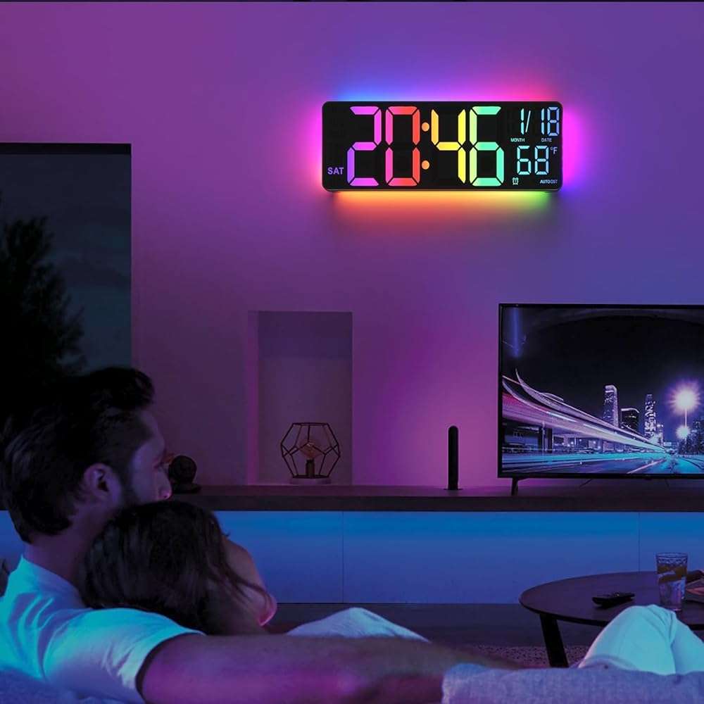 YISILE 13" Digital Wall Clock with Night Light,8 RGB Color,Dual Alarms with Large Display, Dimmer, Auto DST, Voice Control, Auto Time Sync,Remote Control for Living Room Bedroom,Gift for All Ages - Image 2