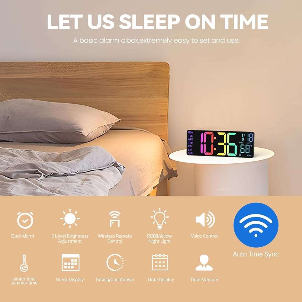 YISILE 13" Digital Wall Clock with Night Light,8 RGB Color,Dual Alarms with Large Display, Dimmer, Auto DST, Voice Control, Auto Time Sync,Remote Control for Living Room Bedroom,Gift for All Ages - Image 3