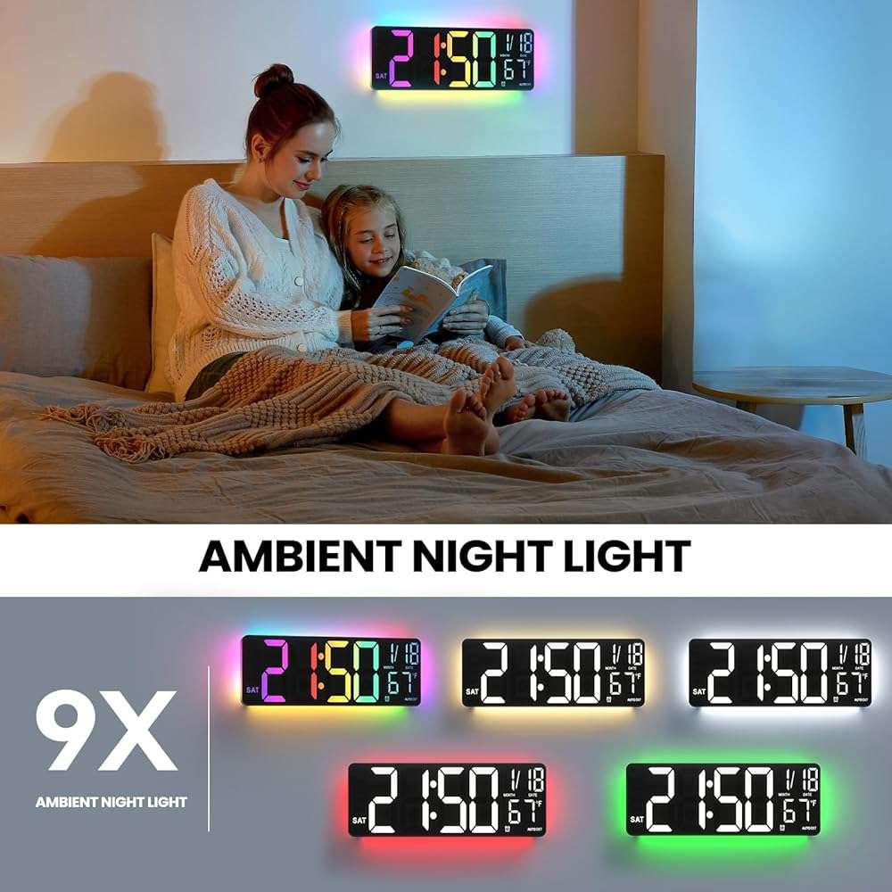 YISILE 13" Digital Wall Clock with Night Light,8 RGB Color,Dual Alarms with Large Display, Dimmer, Auto DST, Voice Control, Auto Time Sync,Remote Control for Living Room Bedroom,Gift for All Ages - Image 4