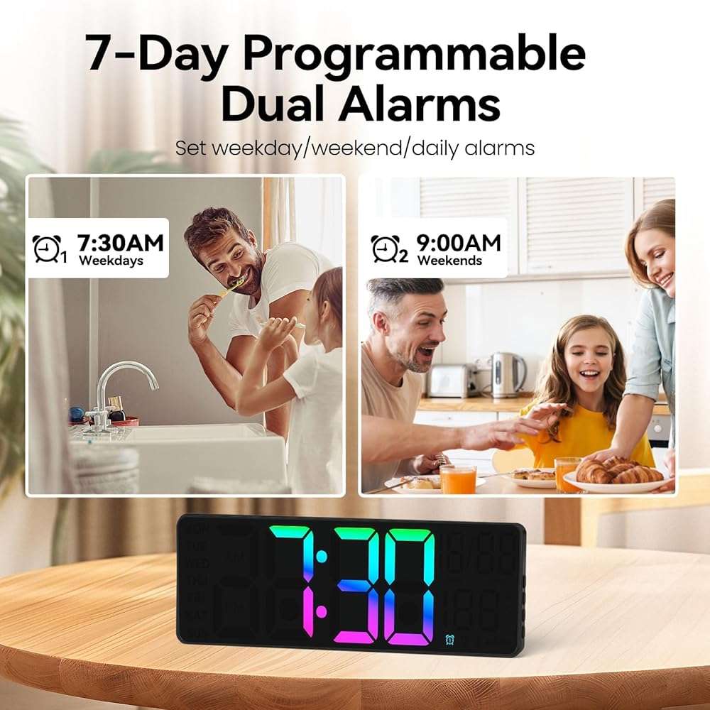 YISILE 13" Digital Wall Clock with Night Light,8 RGB Color,Dual Alarms with Large Display, Dimmer, Auto DST, Voice Control, Auto Time Sync,Remote Control for Living Room Bedroom,Gift for All Ages - Image 7