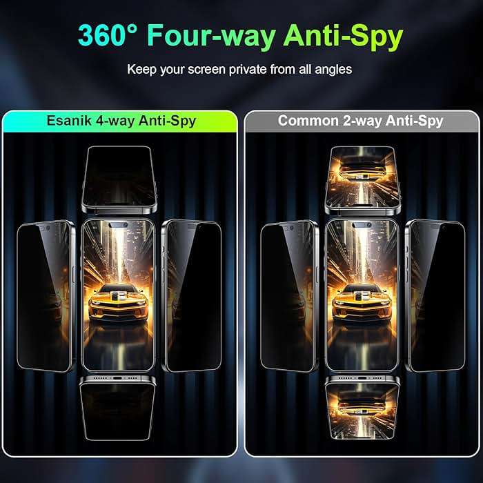 Esanik [2-Pack for iPhone 15 Pro Max 360° Privacy Screen Protector - 4-Way Anti-Spy Tempered Glass,Shatterproof, Anti-Peep, Scratch Resistant,Easy Installation Frame Included - Image 2