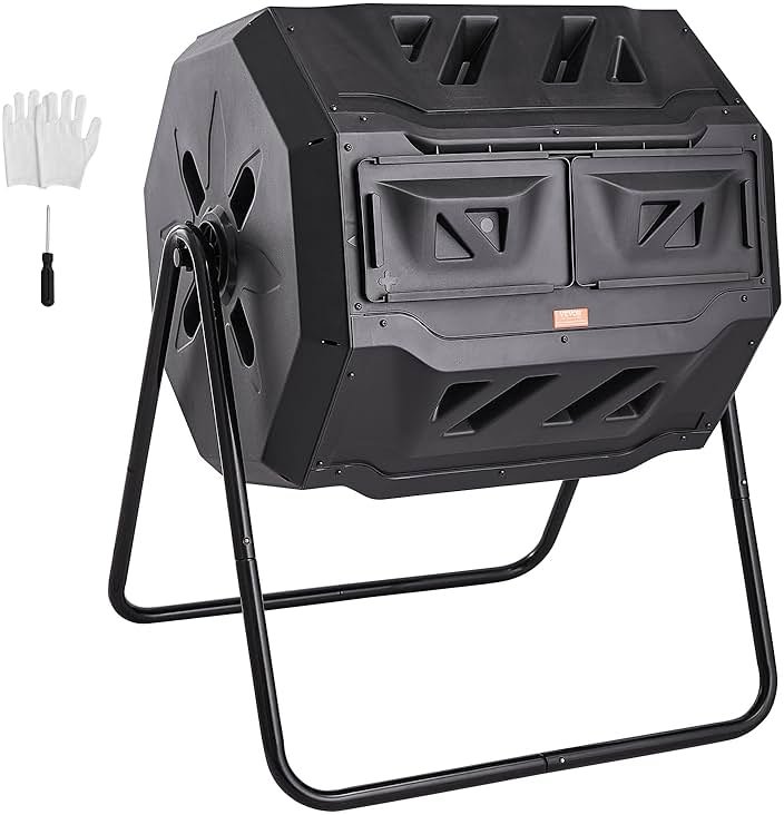 VEVOR Compost Bin, 43-Gal Dual Chamber Composting Tumbler, Large Tumbling Rotating Composter with 2 Sliding Doors and Steel Frame, BPA Free Composter Bin Tumbler for Garden, Kitchen, Yard, Outdoor - Product Image