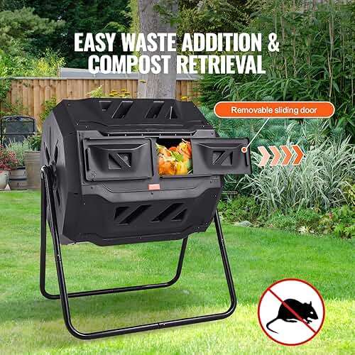 VEVOR Compost Bin, 43-Gal Dual Chamber Composting Tumbler, Large Tumbling Rotating Composter with 2 Sliding Doors and Steel Frame, BPA Free Composter Bin Tumbler for Garden, Kitchen, Yard, Outdoor - Image 3