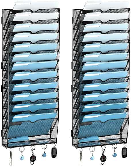 SUPEASY 13-Tier Wall File Holder Organizer with Hooks, Mesh Hanging File Organizer, Mail Organizer Wall Mounted for Papers, Folders, Office Magazine Rack, Assembly Needed, Black 2 pack - Image 1