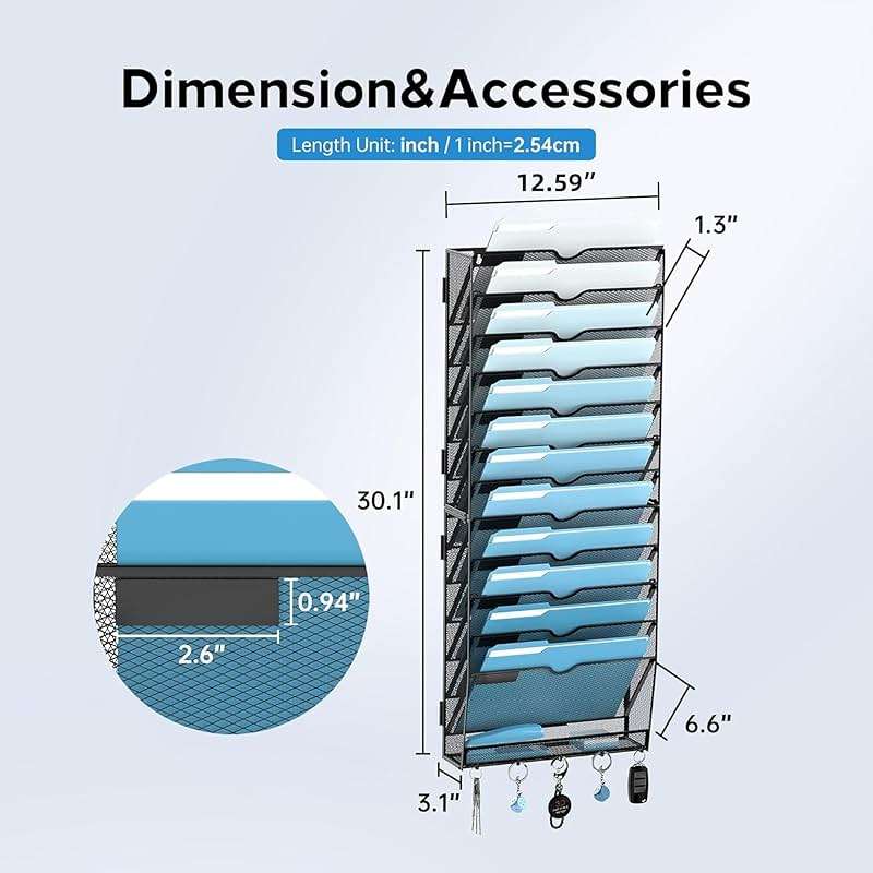 SUPEASY 13-Tier Wall File Holder Organizer with Hooks, Mesh Hanging File Organizer, Mail Organizer Wall Mounted for Papers, Folders, Office Magazine Rack, Assembly Needed, Black 2 pack - Image 4