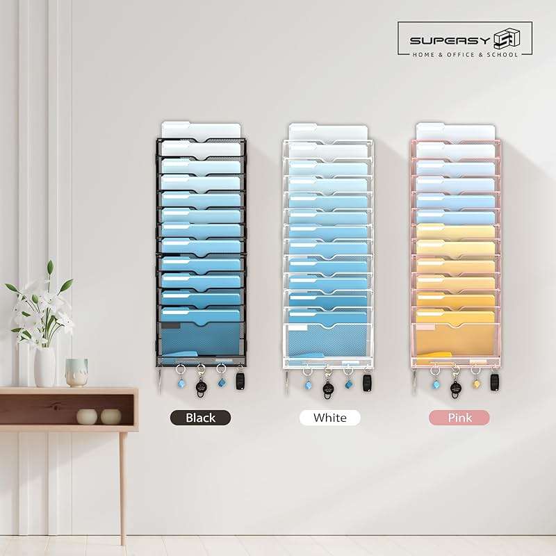 SUPEASY 13-Tier Wall File Holder Organizer with Hooks, Mesh Hanging File Organizer, Mail Organizer Wall Mounted for Papers, Folders, Office Magazine Rack, Assembly Needed, Black 2 pack - Image 5
