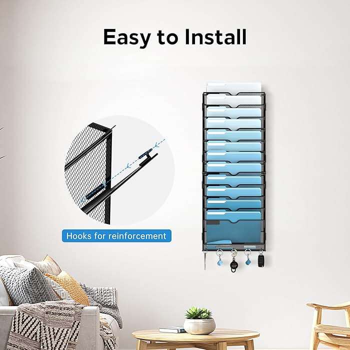 SUPEASY 13-Tier Wall File Holder Organizer with Hooks, Mesh Hanging File Organizer, Mail Organizer Wall Mounted for Papers, Folders, Office Magazine Rack, Assembly Needed, Black 2 pack - Image 6