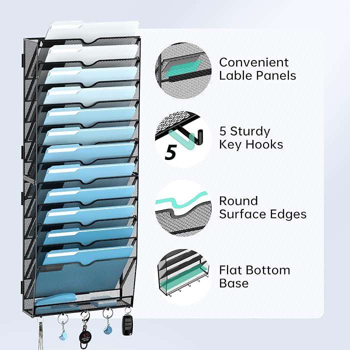 SUPEASY 13-Tier Wall File Holder Organizer with Hooks, Mesh Hanging File Organizer, Mail Organizer Wall Mounted for Papers, Folders, Office Magazine Rack, Assembly Needed, Black 2 pack - Image 7