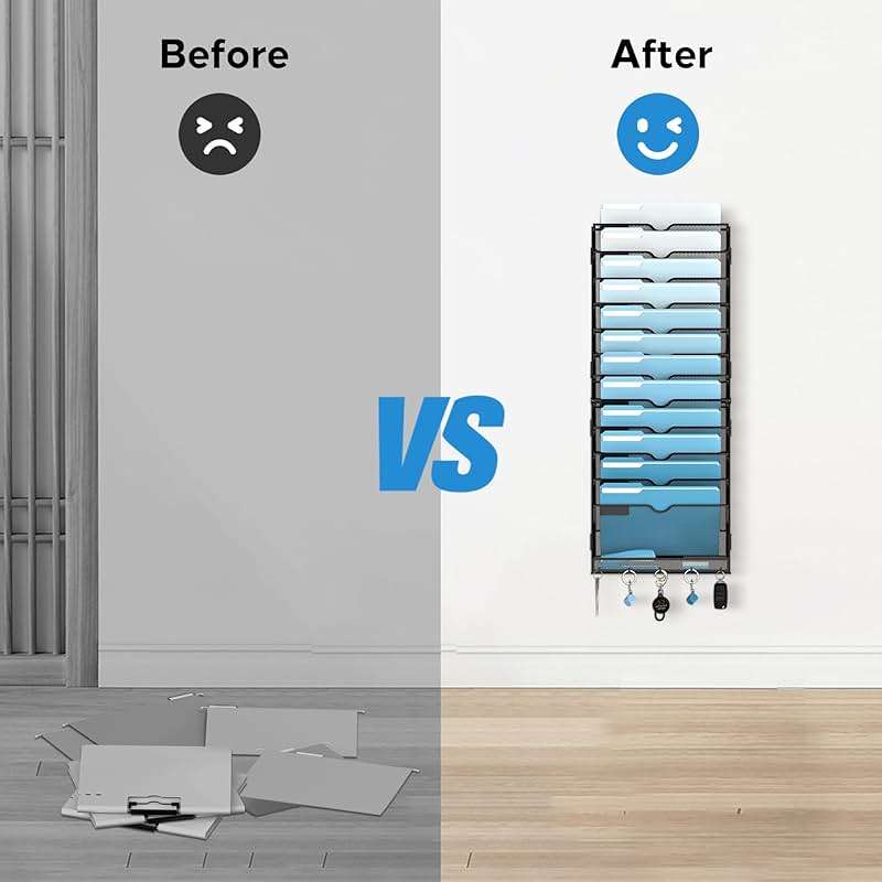 SUPEASY 13-Tier Wall File Holder Organizer with Hooks, Mesh Hanging File Organizer, Mail Organizer Wall Mounted for Papers, Folders, Office Magazine Rack, Assembly Needed, Black 2 pack - Image 8