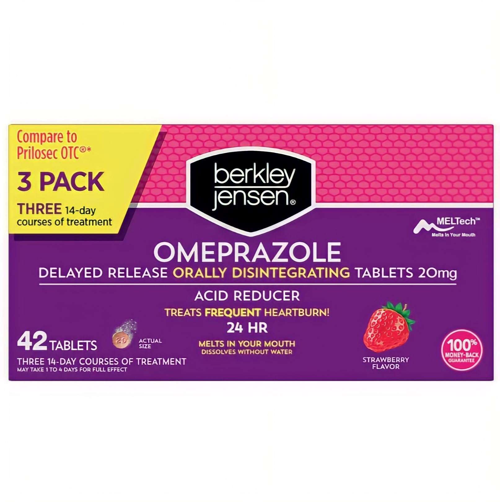 Berkley Jensen Omeprazole 20 mg, Delayed Release Dissolving Acid Reducer Pills - 3 x 14-Day Regimen, 24-Hour Effect - Heartburn Relief, Eases Acid Reflux - Strawberry Flavor 42-Count - Image 1