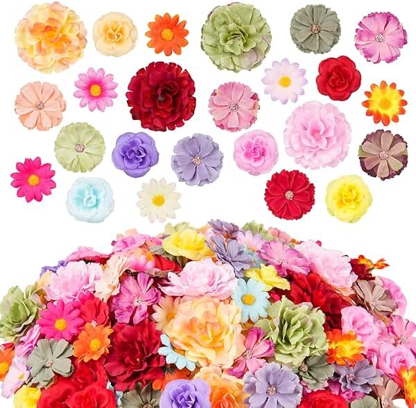 210 Pcs Mini Silk Flower Heads Small Fake Rose Daisy Faux Flowers Bulk for Crafts Artificial 3D Loose Fabric Flowers Heads Sunflower Bulk for Wedding Hair Cap Dresses Decorations (Bright Colors Mixed) - Product Image