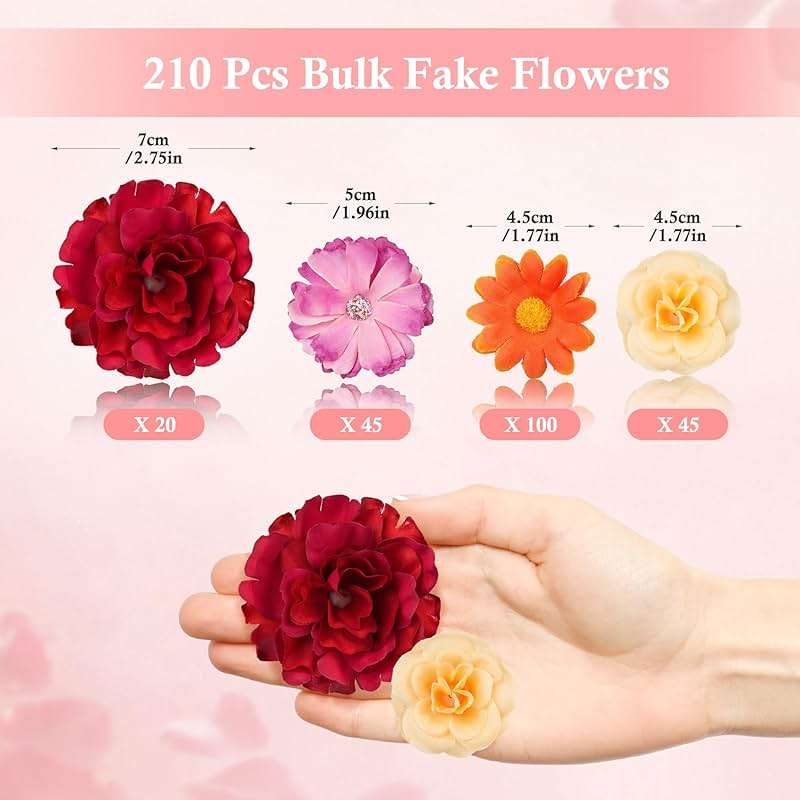 210 Pcs Mini Silk Flower Heads Small Fake Rose Daisy Faux Flowers Bulk for Crafts Artificial 3D Loose Fabric Flowers Heads Sunflower Bulk for Wedding Hair Cap Dresses Decorations (Bright Colors Mixed) - Image 3