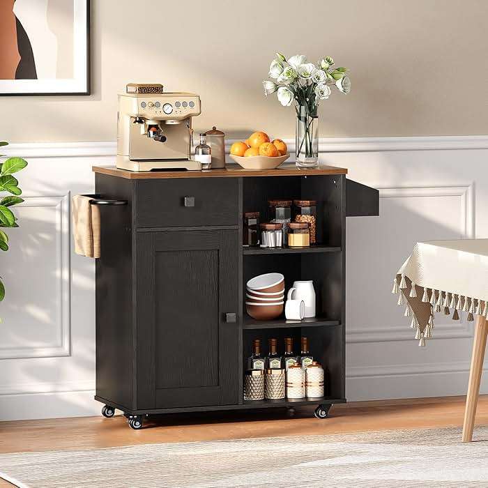 HOOBRO Kitchen Island, Storage Cabinet with Drawer, Kitchen Cart with Spice and Towel Rack, Saving Space, Easy Assembly, for Living Room, Rustic Brown and Black FB12ZD01 - Image 4