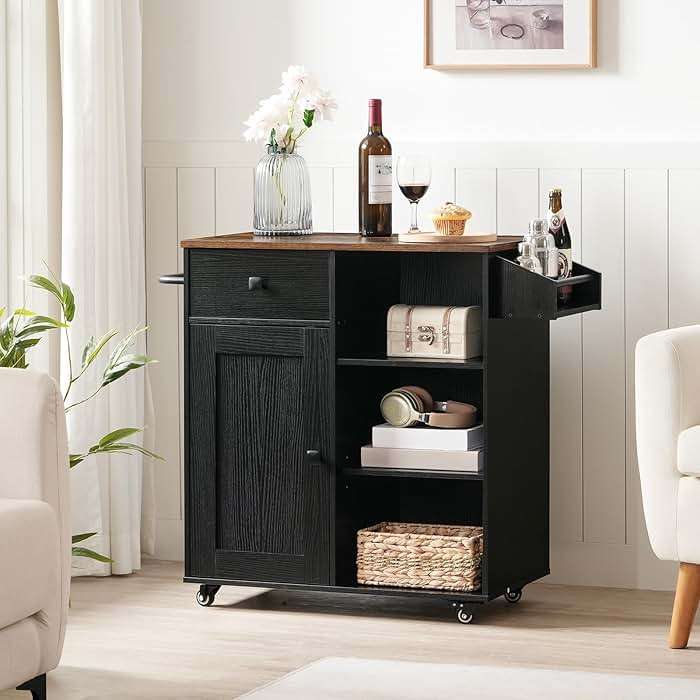 HOOBRO Kitchen Island, Storage Cabinet with Drawer, Kitchen Cart with Spice and Towel Rack, Saving Space, Easy Assembly, for Living Room, Rustic Brown and Black FB12ZD01 - Image 6