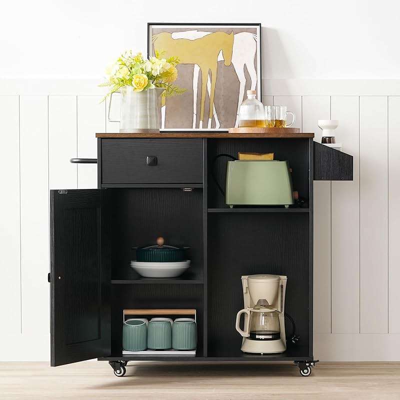 HOOBRO Kitchen Island, Storage Cabinet with Drawer, Kitchen Cart with Spice and Towel Rack, Saving Space, Easy Assembly, for Living Room, Rustic Brown and Black FB12ZD01 - Image 7